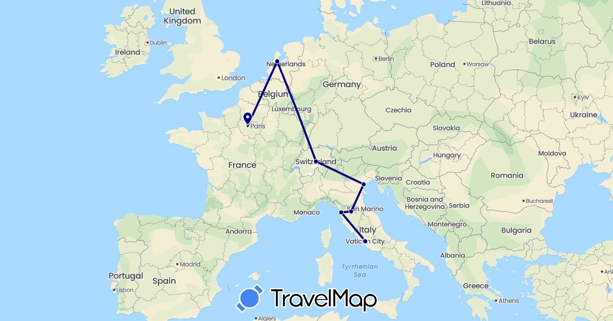 TravelMap itinerary: driving in Switzerland, France, Italy, Netherlands, Vatican City (Europe)